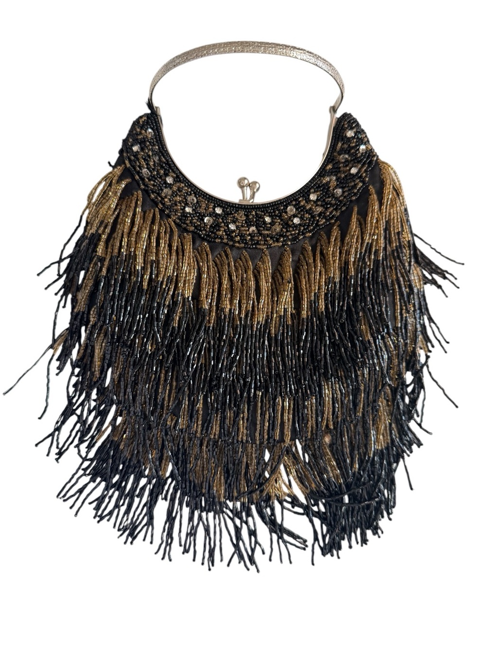 Elegant Black and Gold Beaded Fringe Necklace Bag